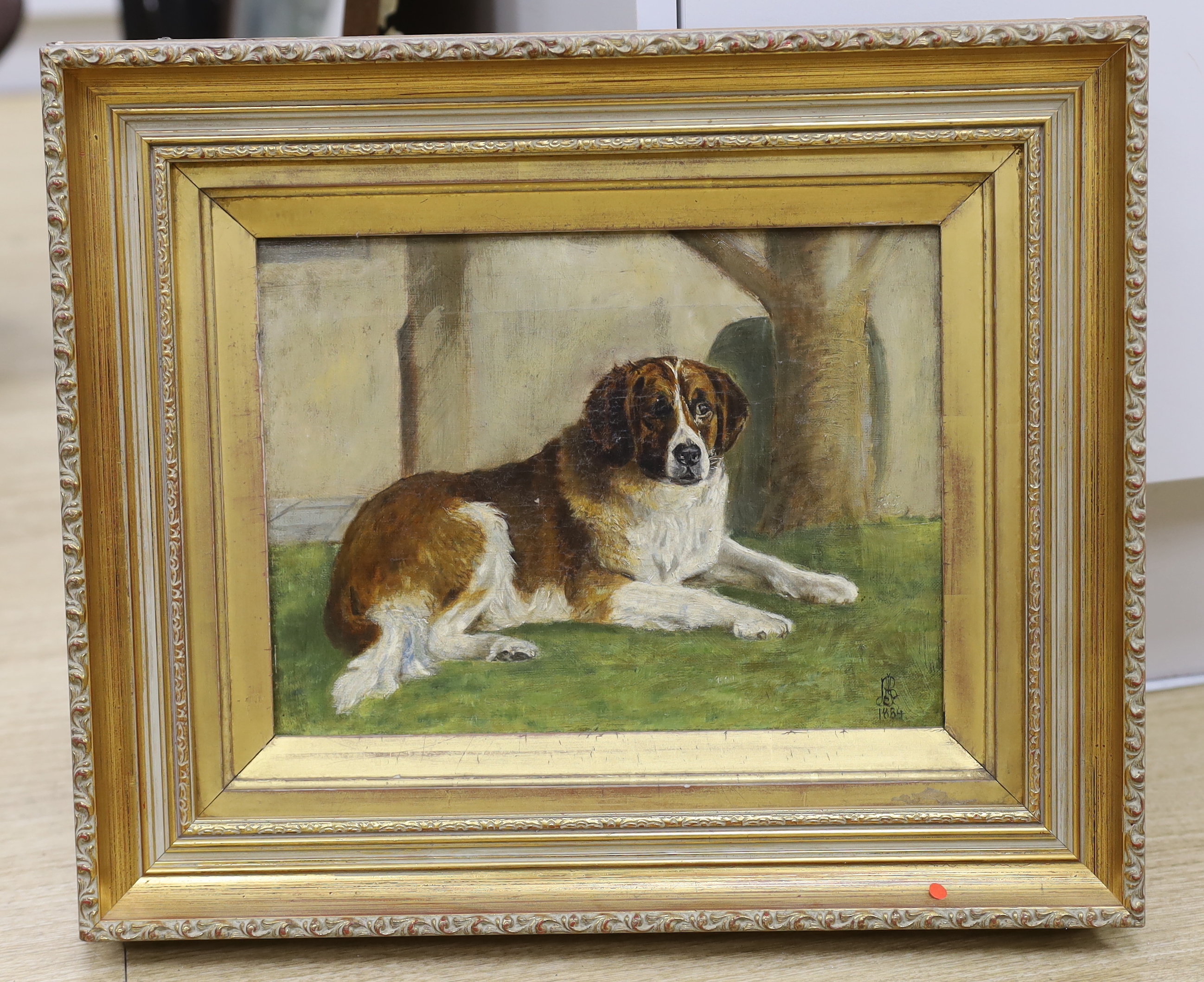 Victorian School, oil on canvas, Study of a St. Bernard dog, indistinctly monogrammed and dated 1884, 22 x 30cm, ornate gilt framed